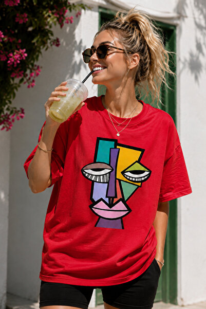 ArtYus Modern Abstract Face Print Crew Neck Casual Unisex Oversize T-Shirt - ...