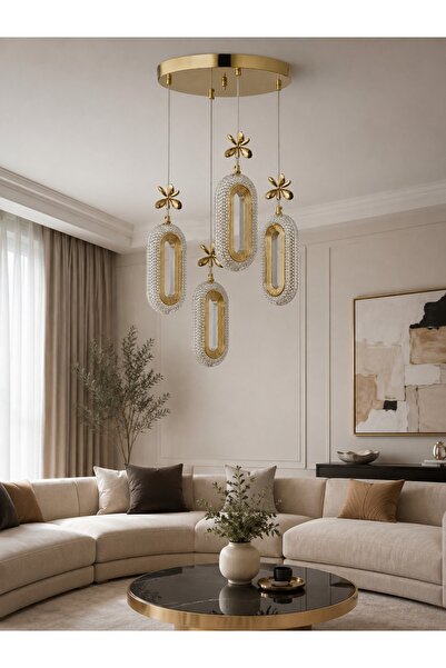 KKG ELEKTRİK Aurelıa 4’lü Kristal Taşlı Led Avize Gold Modern Sarkıt Salon Av...