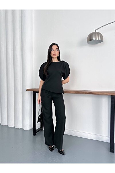 maf collection Дамски черен комплект с балонни ръкави и асиметрична кройка