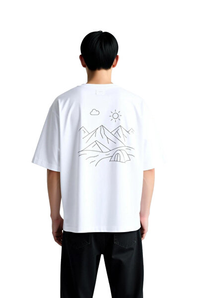 PayBuy Men's Oversize T-Shirt Mountain Tent Sun Cloud Line Art Print Relaxed ...