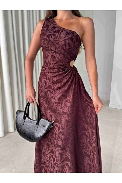 zoezoe Kendinden Desenli Tek Omuz Drape Detaylı Maxi Elbise