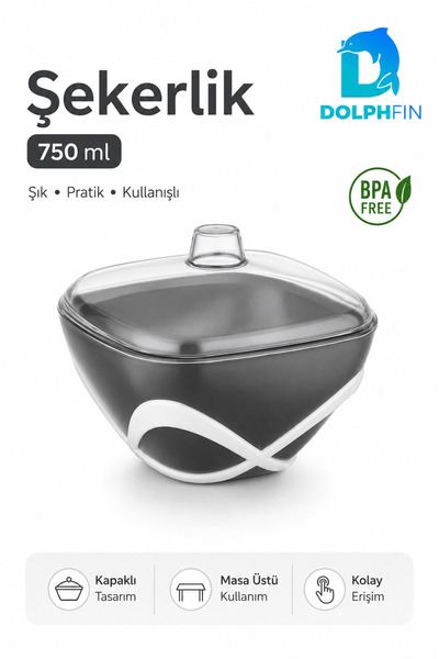 DolphFin Dolpfin 750 ml Sugar Bowl with Lid Black and White Desktop Powder an...