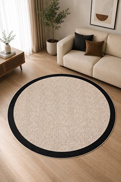 GNL HOME Bej Etnik Yuvarlak Desenli Dijital Baskı Kaymaz Taban Yıkanılabilir ...