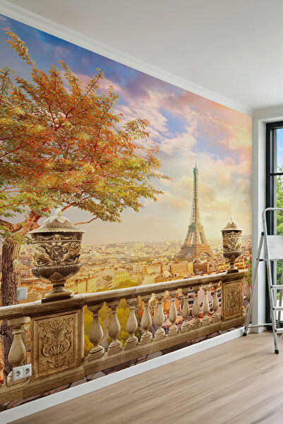 dreamwall İşlemeli Saksılar ve Paris Eyfel Kulesi Manzaralı Teras Tek Parça T...