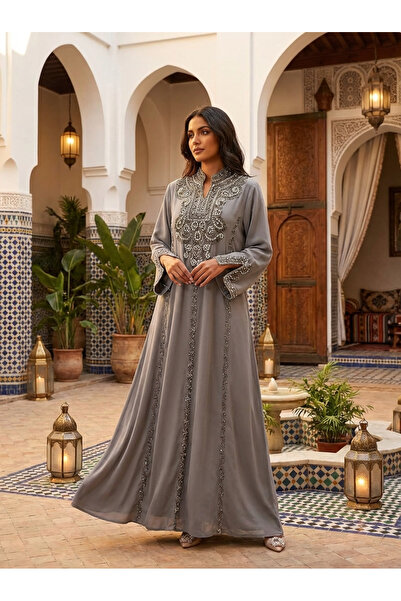 Finelook Elegant Embroidered Modest Maxi Dress – Luxury Kaftan Style Evening ...