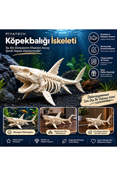 PİYATECH 3D Köpekbalığı İskeleti Fosil Görünümlü Akvaryum Dekoru Ve Masaüstü ...