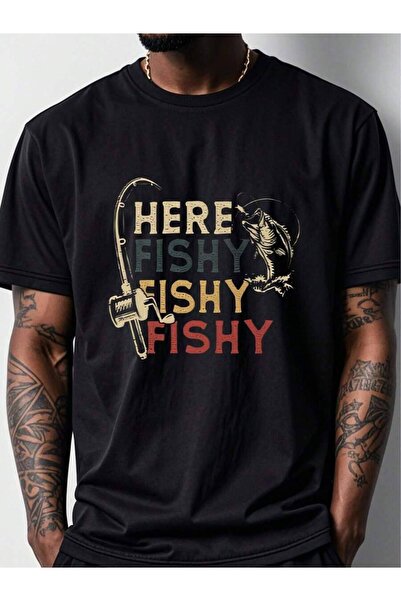 45 BPM 1pc Here Are Fish Pattern Oversize T-Shirts For Men| Black Crew Neck, ...