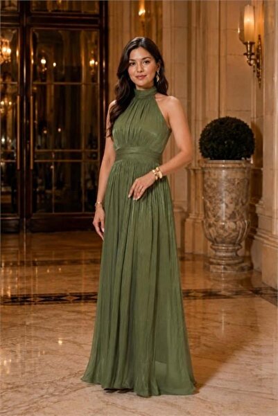 Dipmoda Women's Green Halter Neck Janjan Fabric Premium Evening Dress Dpmy4128