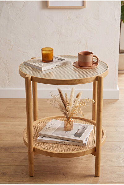 Robin Home Bambu Temperli Camlı Rattan Raflı Yuvarlak Yan Sehpa 45*45cm