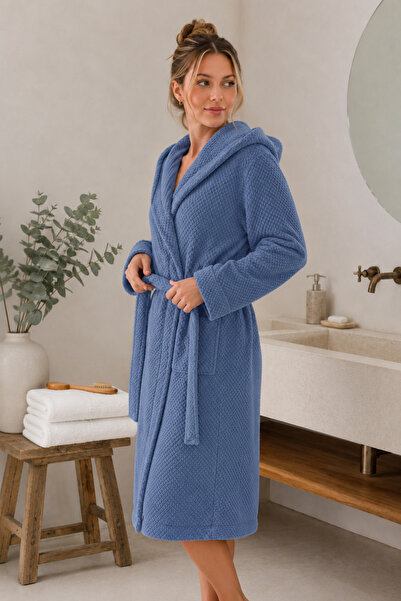 Menderes Home La Notte Cotton Knit Hooded Bathrobe Large Indigo