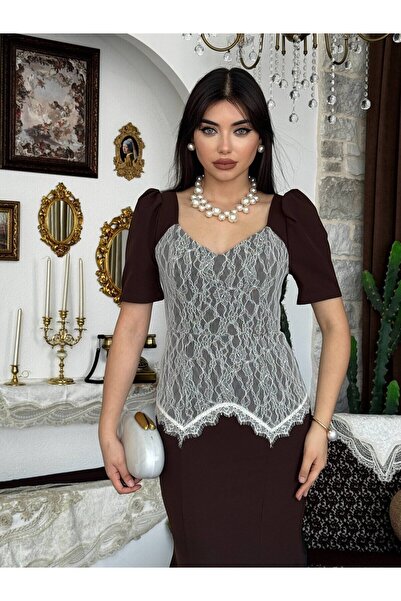 Clothes Fast Rochie midi maro pentru femei, cu decolteu inimă, cu dantelă, cu...