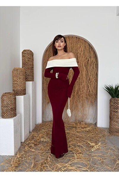 Clothes Fast Women's Burgundy Long Dress Off Shoulder Contrast Collar Long Sl...