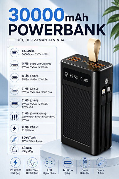 Merwish 30000mAh Solar Powerbank 22.5W Hızlı Şarj, 4x USB-A Dahili Type-C & Lightning Kablo, LCD Dijital Ekran, Yüksek Kapasiteli Taşınabilir Şarj Cihazı
