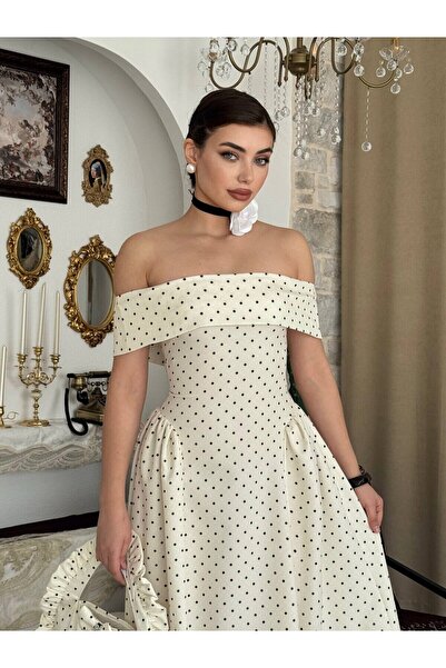 Clothes Fast Дамска екрю рокля без презрамки, на точки, от атласна материя, с...