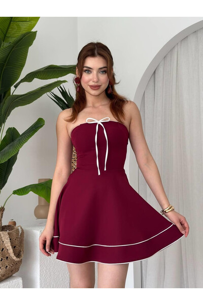 Clothes Fast Women's Burgundy Strapless Mini Dress with Bow Detail and Contra...