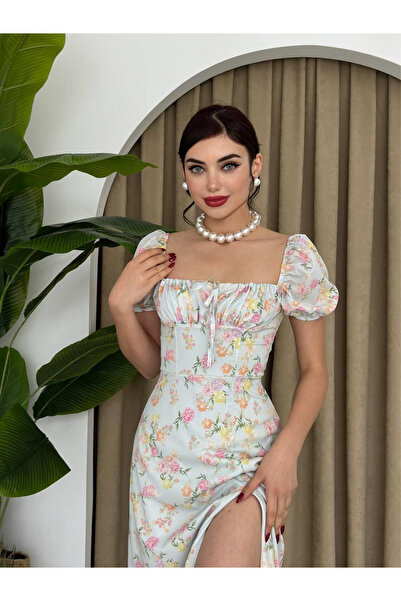 Moda Days Women's Green Midi Dress Square Collar Balloon Sleeves Floral Patte...