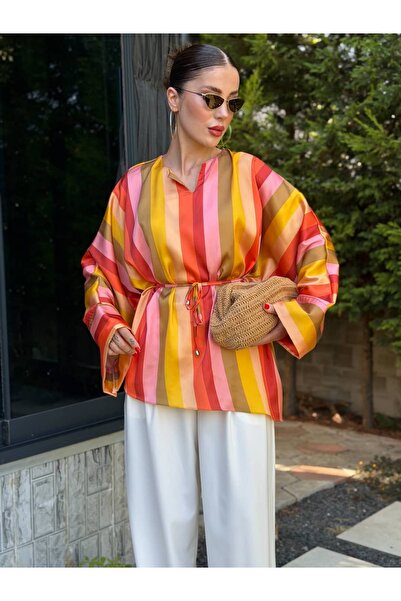 YK FASHION Saten V Yaka Bağlamalı Tunik