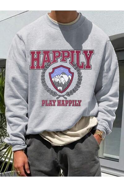 JENOLAN Men's Happily Printed Gray Crew Neck Oversize Casual Sweatshirt