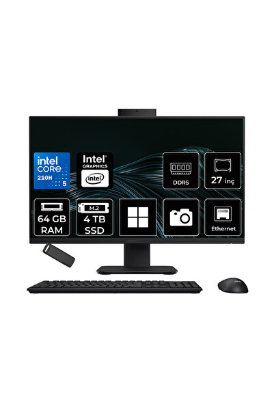 ASUS ExpertCenter P400 Aio (P470VAK) Intel Core 5 210H 64GB RAM 4TB SSD Intel Graphics 27" Full HD (1920x1080) Win11 Pro P470VAK-C516512B0DP541 Siyah All In One Bilgisayar + Per4 USB Bellek