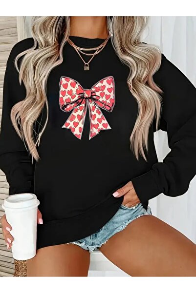 JENOLAN Women's Pink Bow Ribbon Printed Crew Neck Gray Black Sweatshirt Overs...