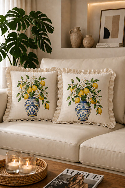 ACELEYOLLA Luxury Riviera Lemon 2-Piece Ruffled Lemon Flower Patterned 100% C...
