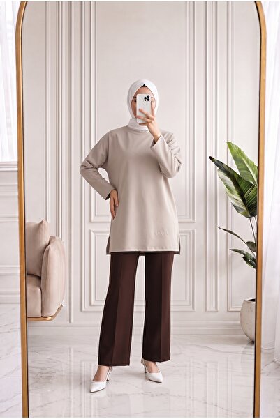 MİHRA STORE Mahay Heart Embroidered Slit Tunic-Ss13074 Stone