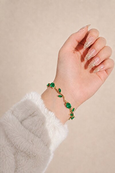 X-Lady Accessories Altın Renk Yeşil Zirkon Taşlı Lale Çelik Bileklik - 3926
