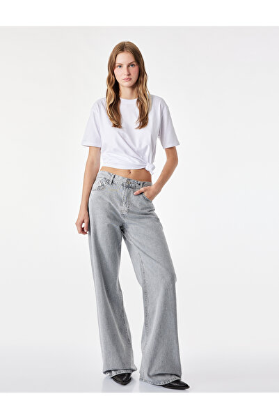 Koton Stone Detailed Washed Regular Waist Cotton Wide Leg Denim Trousers - Wi...