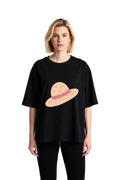 PayBuy Red Striped Straw Hat Printed Women's Oversize T-Shirt