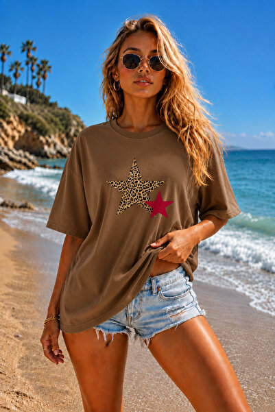 FECCY Tricou oversize pentru femei cu imprimeu Premium Double Star Tricou ove...