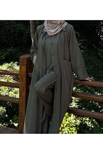 details Olive Linen Abaya Set