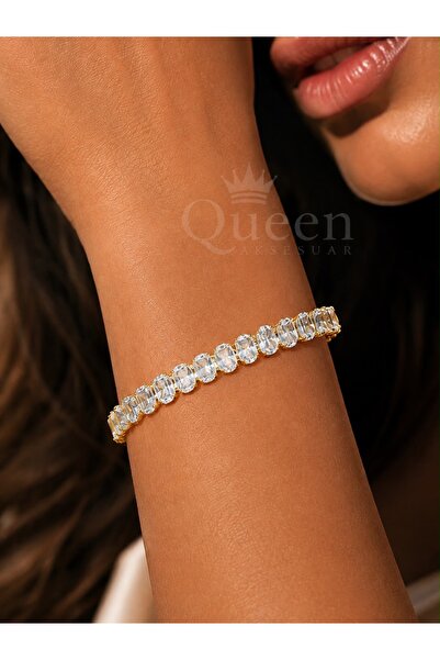 QUEEN AKSESUAR Lüks kristal Baget oval zikron taşlı choker kelepçe bilekliği ...
