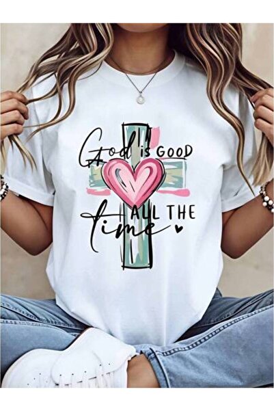NOURAM Casual, Women's T-Shirt, God Is Good All The Time Cross And Heart Desi...
