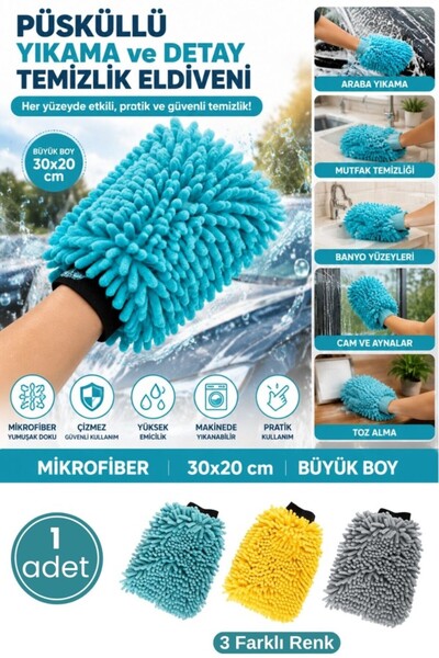 12den Püsküllü Profesyonel Mikrofiber Oto Yıkama ve Detay Temizlik Eldiveni, ...