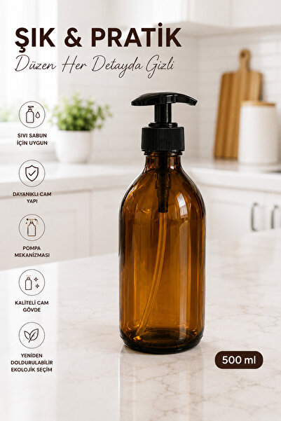 incirhome 500 ml Amber Cam Şişe Pompalı Sabunluk - Çok Amaçlı Basmalı 1. Kali...