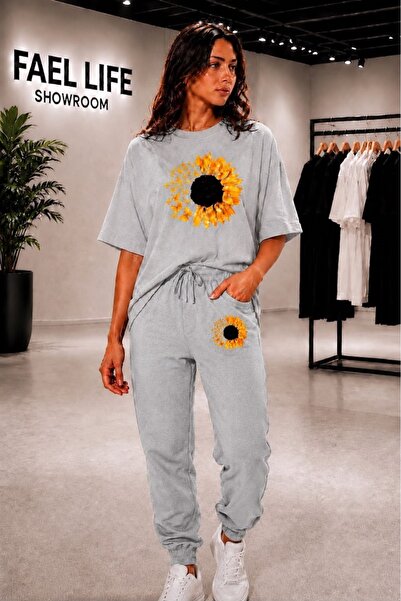 FAEL LİFE Unisex Wide Cut T-Shirt and Sweatpants Moonflower Printed Set