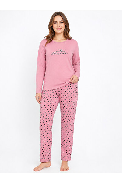 FAMES PİJAMA Women's Seasonal Long Sleeve Awesome Pink Pajama Set