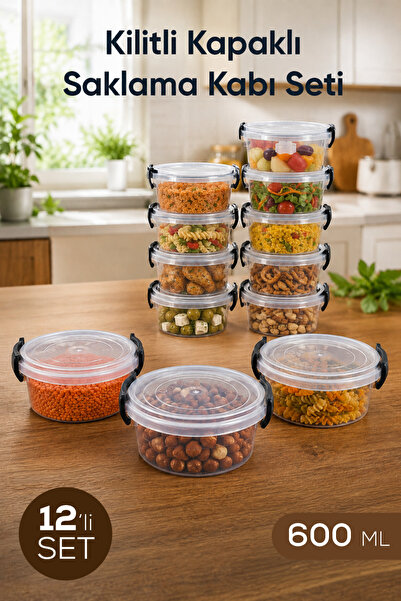 Vienev Set of 12 Lockable Lid Storage Containers 600 ml Transparent Round Mic...