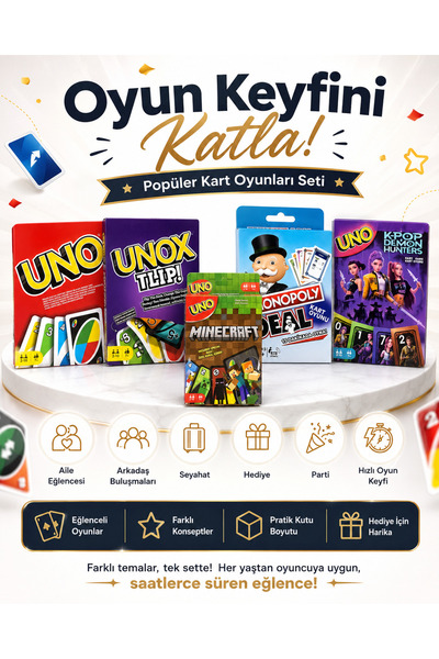 Unox 1 Kutu Popüler Kart Oyunları Seti – UNO, UNO Flip, UNO Minecraft, Monopo...