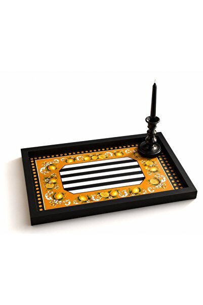 DEKORMED Lemon Patterned Wooden Decorative Presentation Tray – Black and Whit...