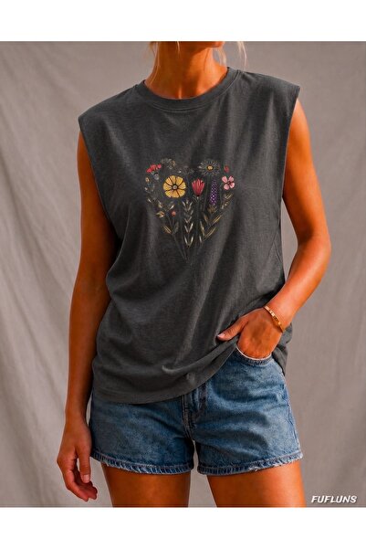 FUFLUNS Flower Heart Printed Women's Regular Fit Crew Neck Sports Sleeveless ...