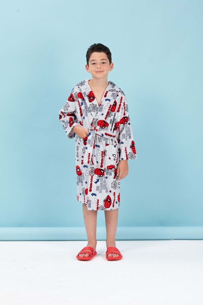 Özdilek Licensed Hooded Children's Bathrobe Age 9/10 - Spiderman Wall Gray