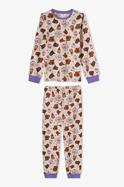 Penti Lila Capyparty Baumwoll-Langarm-Pyjama-Set für Mädchen, 2-teilig