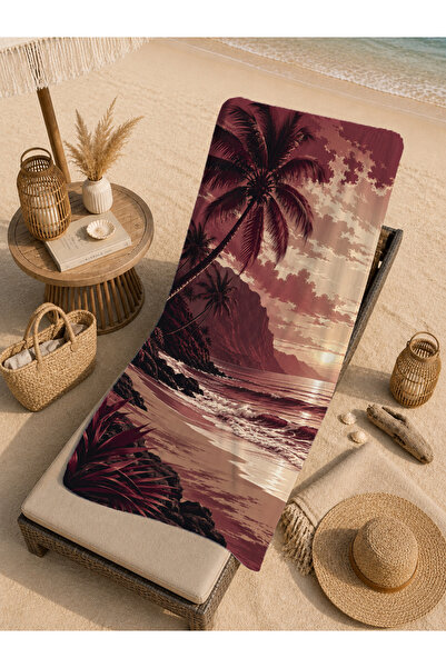 Evmila Vintage Burgundy Palm Tree Beach Towel with Beach Motif 70X150 - Digit...