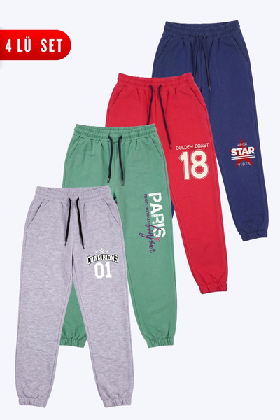 FYK KİDS Girl's 4-Piece Double Pocket Printed Jogger Sweatpants
