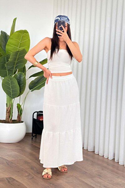 Moda Days Women's White Long Skirt with Elastic Waist, Layered, Gathered, Mus...