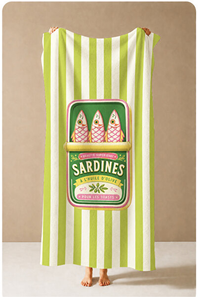 Evmila Mediterranean Green Striped Sardine Patterned 70X150 Beach Towel - Cot...