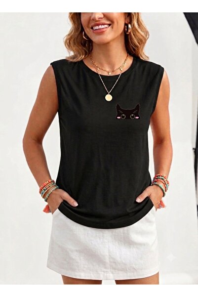 FUFLUNS Cat Printed Women's Regular Fit Crew Neck Sports Sleeveless T-Shirt