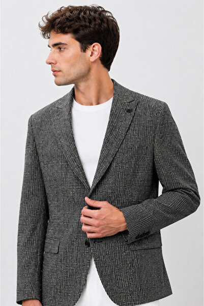 bihan store Men's Plaid Model Double Slit Single Jacket 6 Drop 72105-Grey