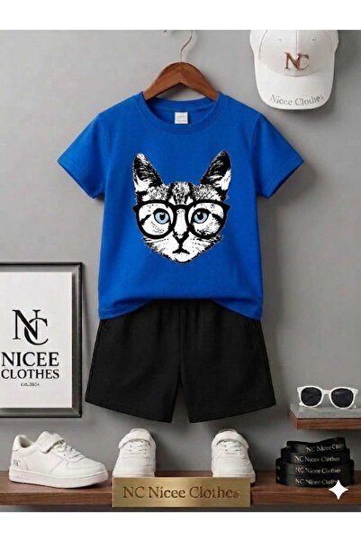 Leto Lykia Summer Children's T-Shirt Shorts Unisex (Cat with Glasses Printed)